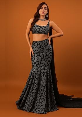 Black And Silver Self Design Lurex Knit Lehenga Set