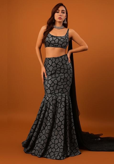 Black And Silver Self Design Lurex Knit Lehenga Set