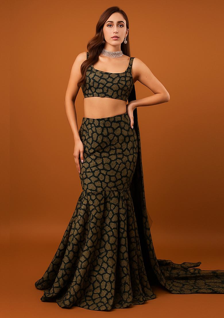Black And Gold Self Design Lurex Knit Lehenga Set