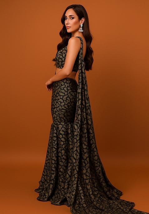 Black And Gold Self Design Lurex Knit Lehenga Set