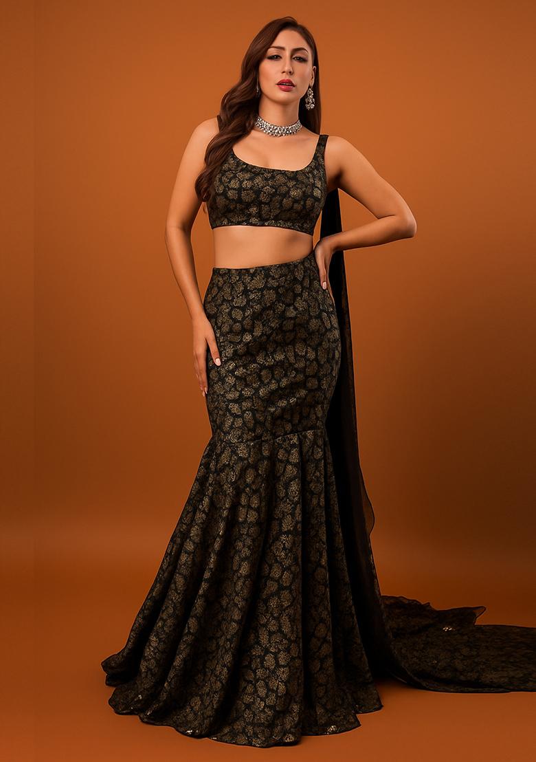 Black And Rose Gold Self Design Lurex Knit Lehenga Set