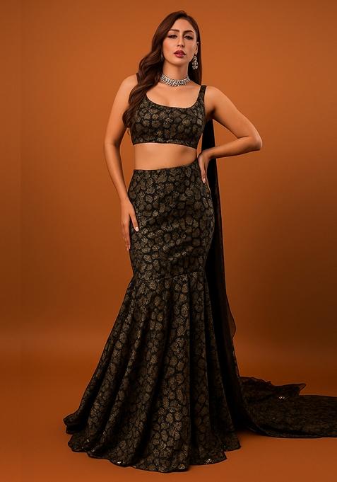 Black And Rose Gold Self Design Lurex Knit Lehenga Set