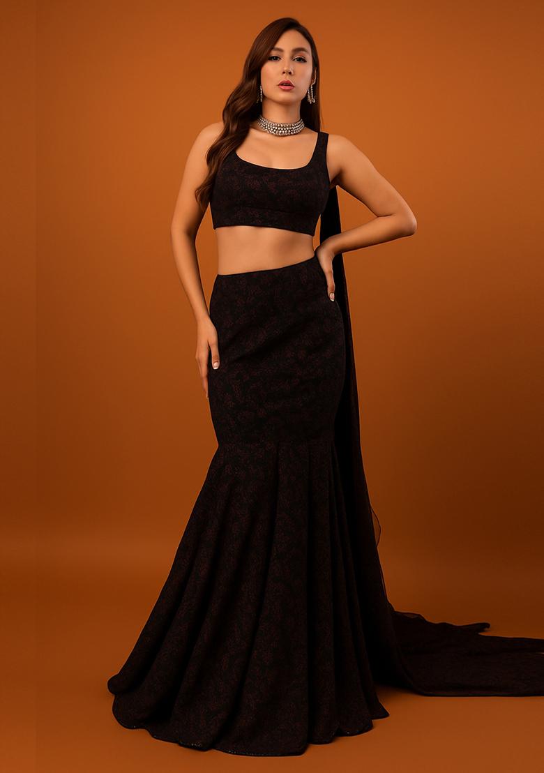 Black And Maroon Self Design Lurex Knit Lehenga Set