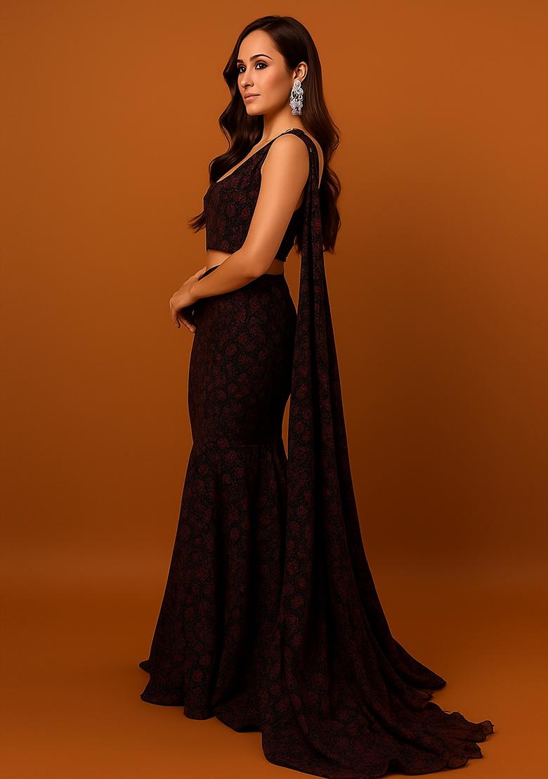 Black And Maroon Self Design Lurex Knit Lehenga Set