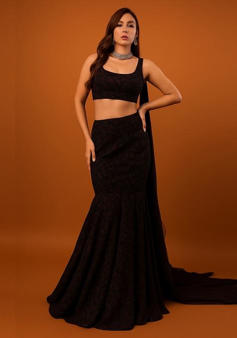 Black And Maroon Self Design Lurex Knit Lehenga Set