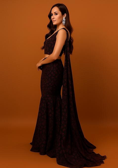 Black And Maroon Self Design Lurex Knit Lehenga Set