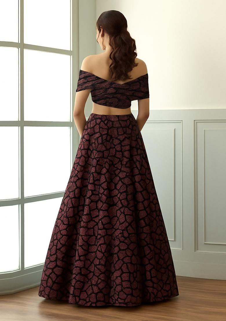 Black And Copper Self Design Lurex Knit Lehenga Set - Indya