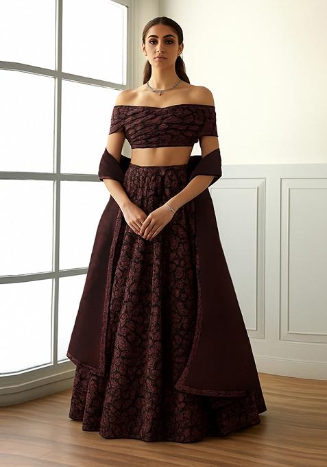 Black And Copper Self Design Lurex Knit Lehenga Set