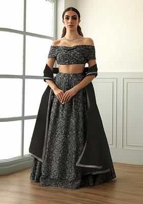 Black And Silver Self Design Lurex Knit Lehenga Set