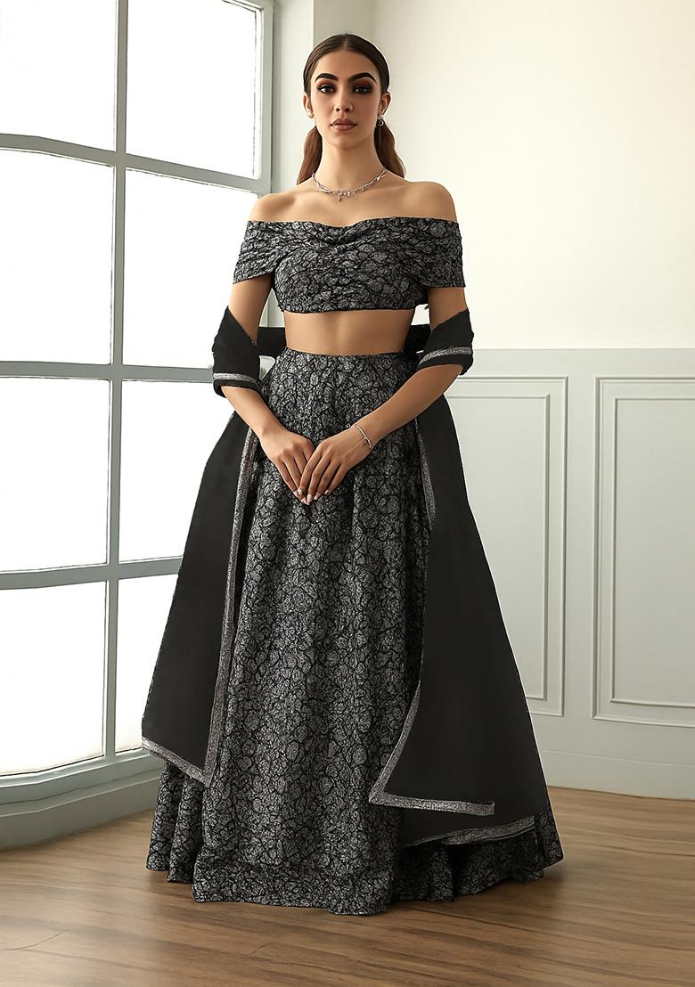 Black And Silver Self Design Lurex Knit Lehenga Set