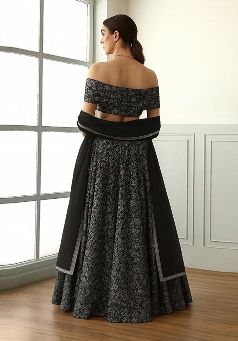 Black And Silver Self Design Lurex Knit Lehenga Set