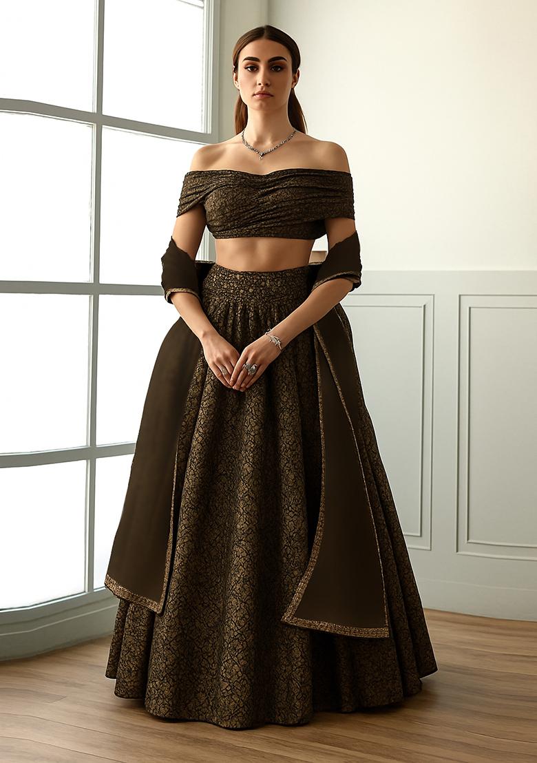 Black And Gold Self Design Lurex Knit Lehenga Set