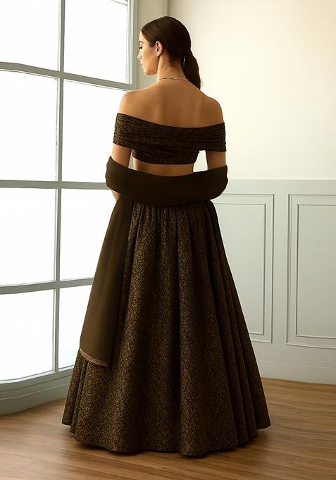 Black And Gold Self Design Lurex Knit Lehenga Set