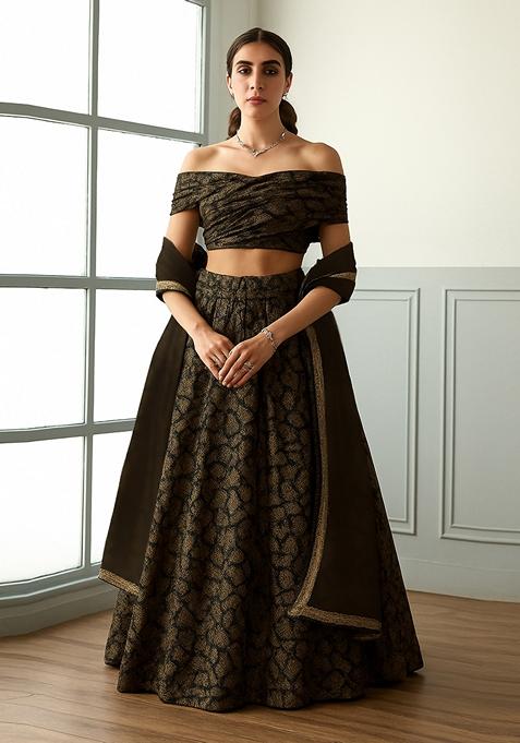 Black And Rose Gold Self Design Lurex Knit Lehenga Set