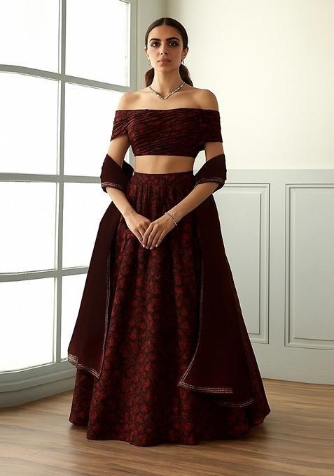 Black And Maroon Self Design Lurex Knit Lehenga Set