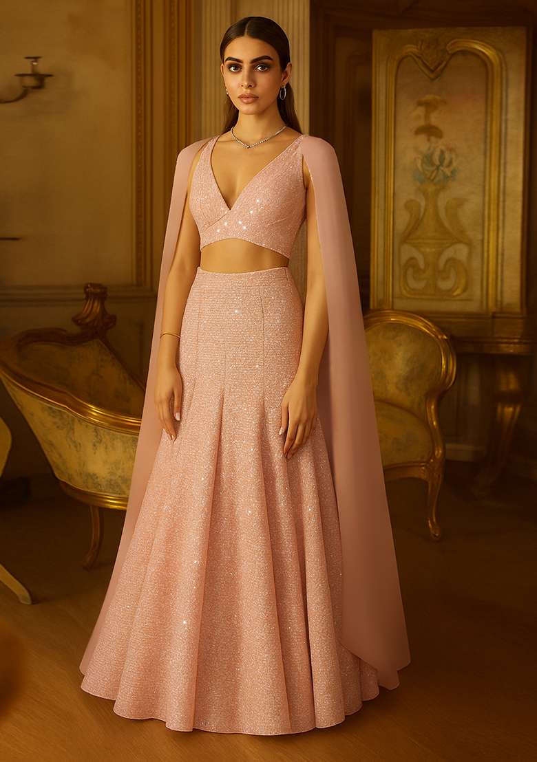 Pink Rainbow Sequin Embellished Metallic Knit Lehenga Set - Indya