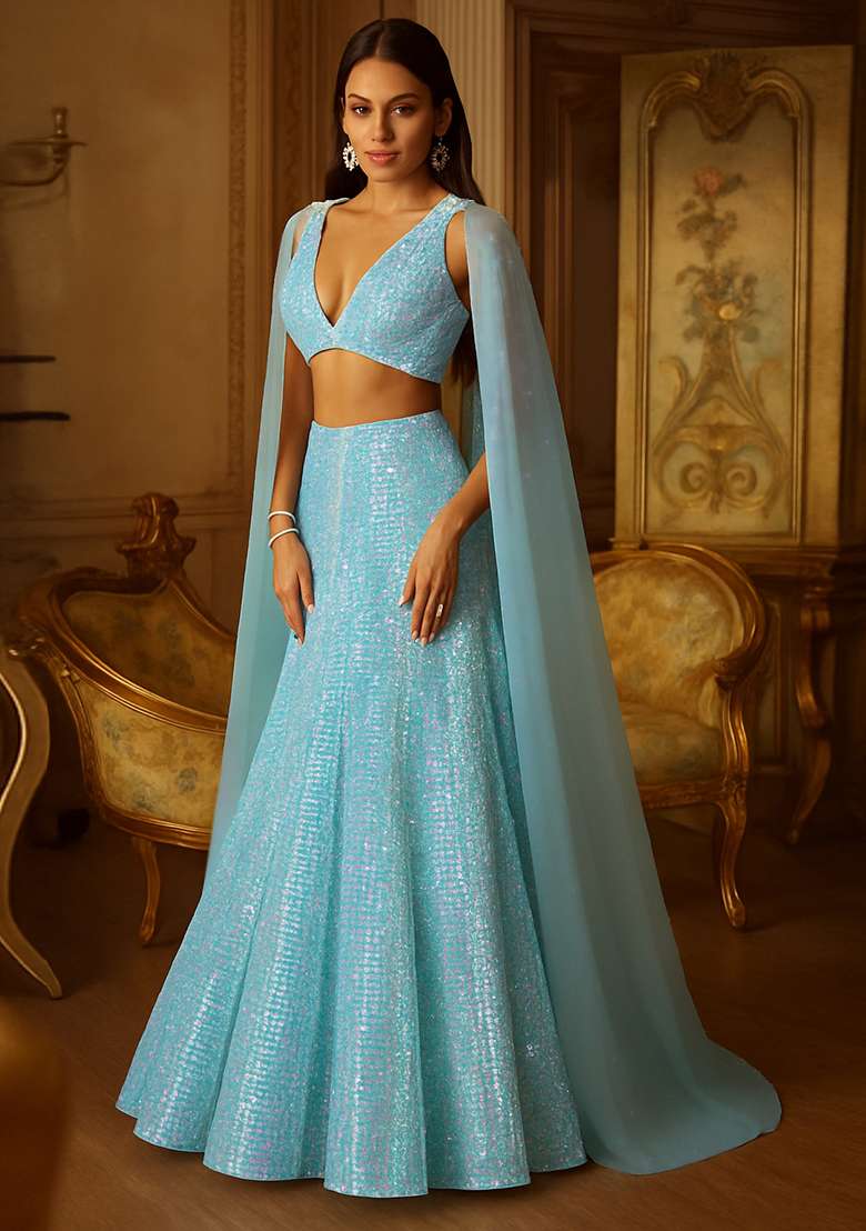Blue Rainbow Sequin Embellished Metallic Knit Lehenga Set - Indya