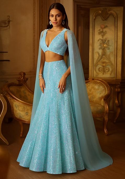 Blue Rainbow Sequin Embellished Metallic Knit Lehenga Set