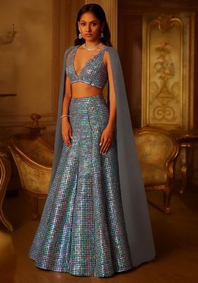 Black Rainbow Sequin Embellished Metallic Knit Lehenga Set