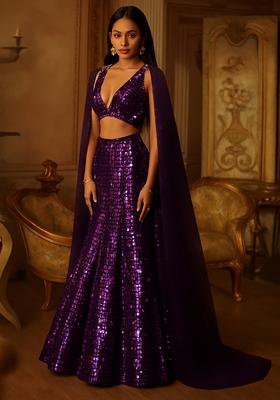 Purple Sequin Embellished Metallic Knit Lehenga Set