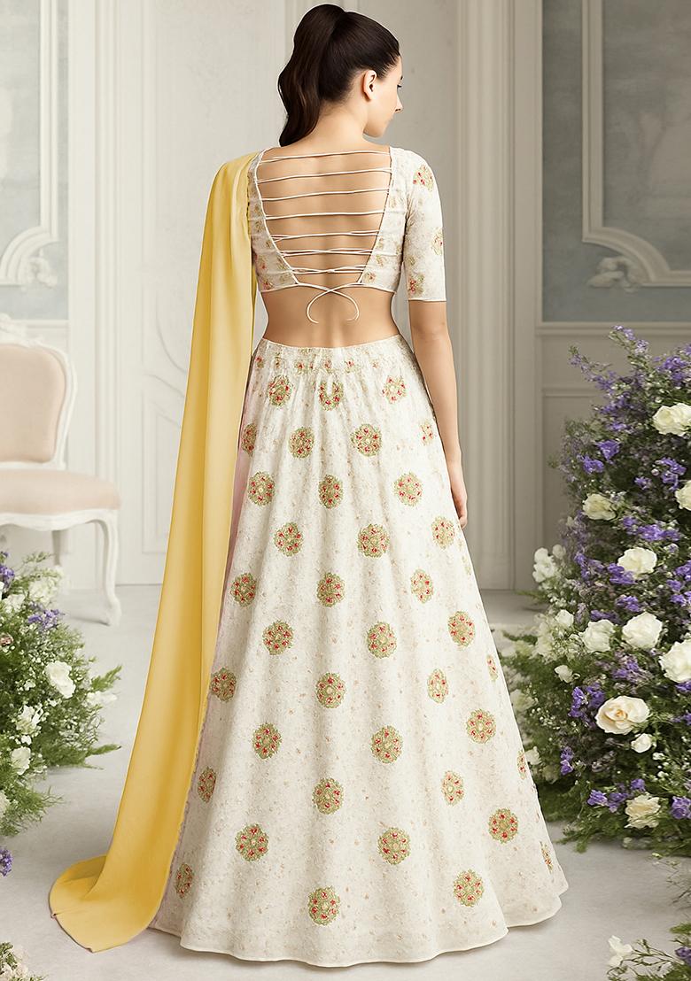 White Sequin Embroidered Georgette Lehenga Set - Indya