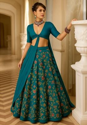 Deep Ocean Blue Embroidered Raw Silk Lehenga Set