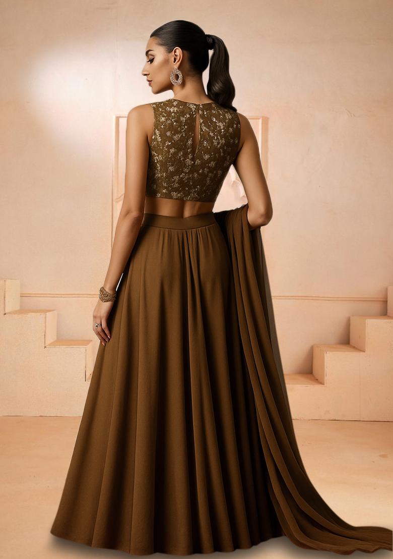 Beige Embroidered Blouse Georgette Lehenga Set - Indya