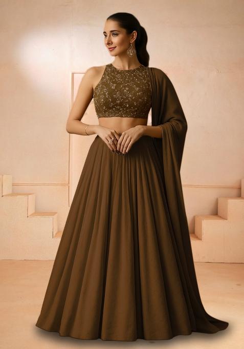 Beige Embroidered Blouse Georgette Lehenga Set