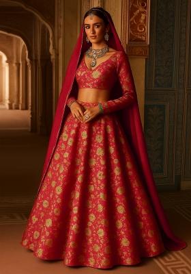 Orange Jacquard Brocade Lehenga Set