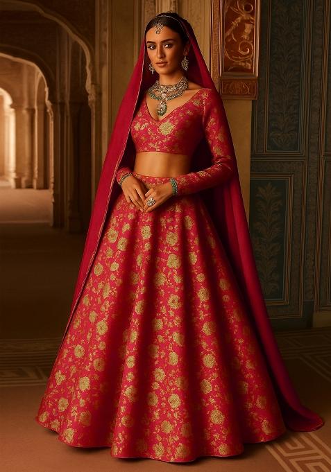 Orange Jacquard Brocade Lehenga Set