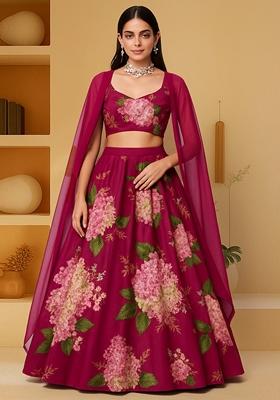 Dark Pink Printed Georgette Lehenga Set