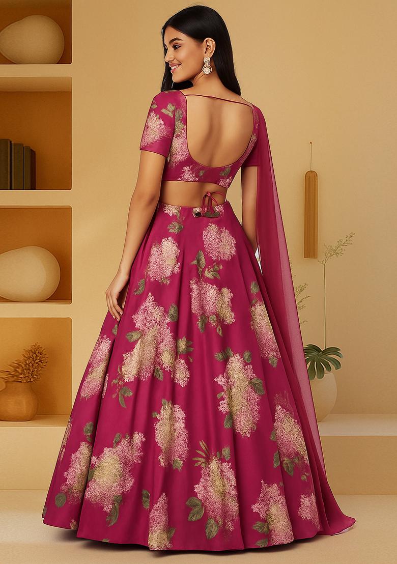 Dark Pink Printed Georgette Lehenga Set - Indya
