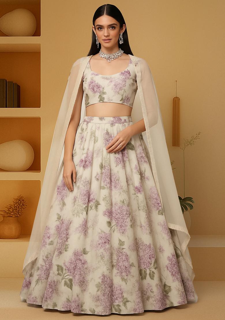 Beige Printed Georgette Lehenga Set