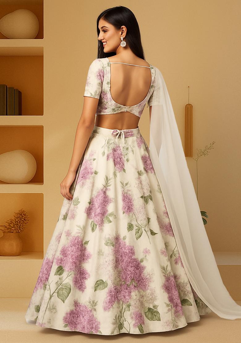 Beige Printed Georgette Lehenga Set - Indya