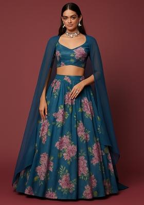 Ocean Blue Printed Georgette Lehenga Set