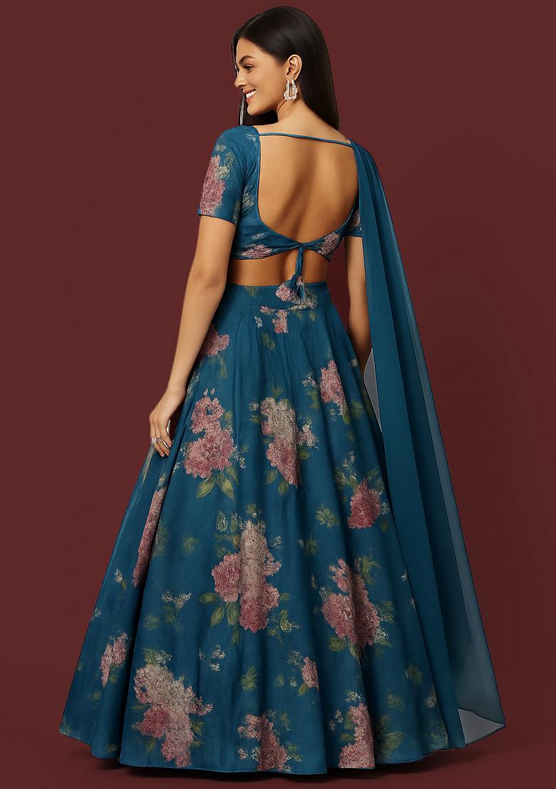 Ocean Blue Printed Georgette Lehenga Set - Indya