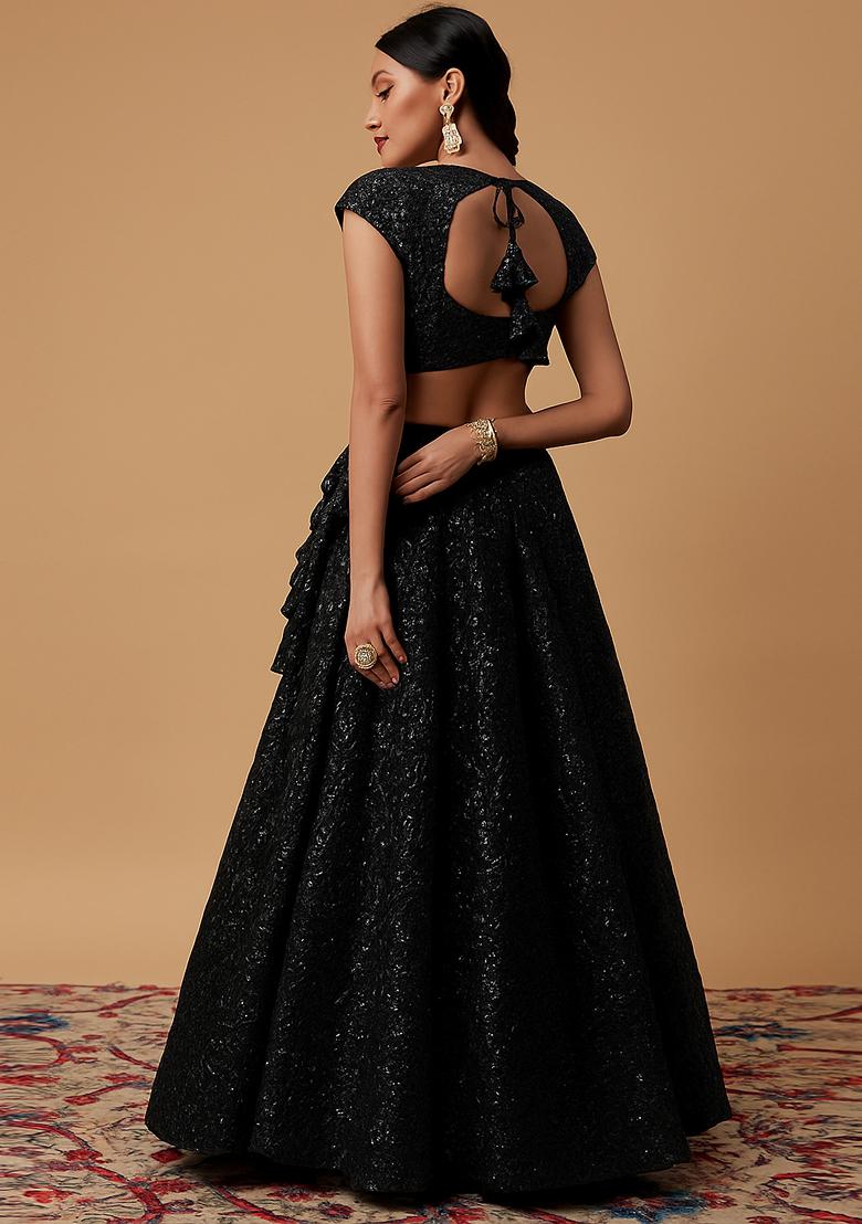 Black Embellished Net Lehenga Set - Indya