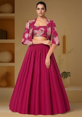 Deep Pink Printed Blouse And Jacket  Chinon Lehenga Set