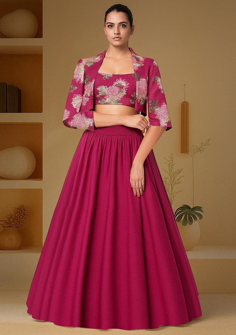 Deep Pink Printed Blouse And Jacket Chinon Lehenga Set