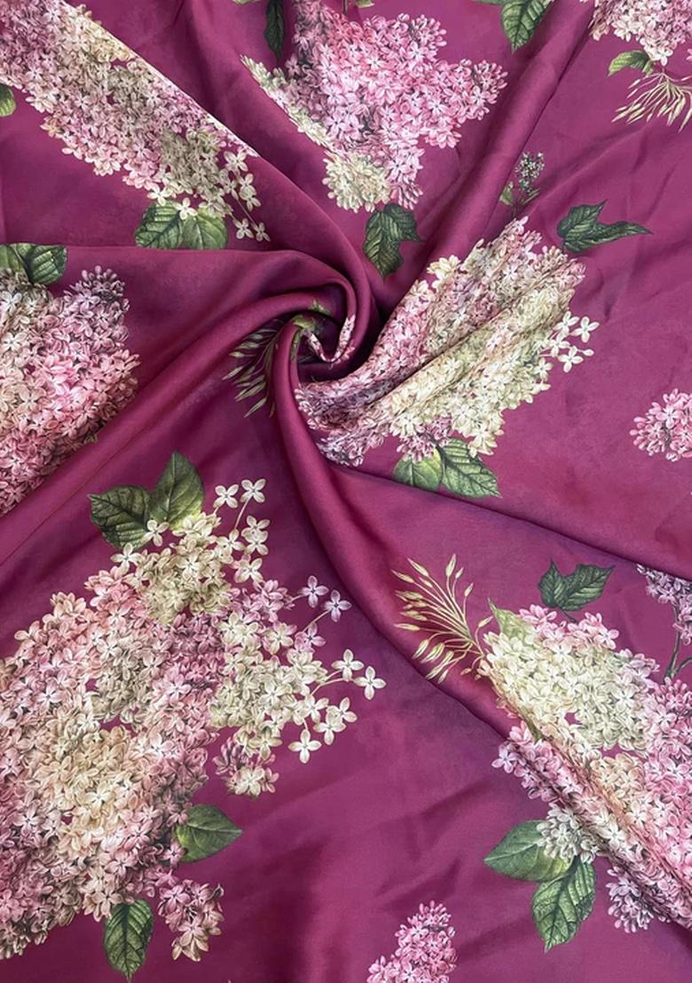 Deep Pink Printed Blouse And Jacket Chinon Lehenga Set