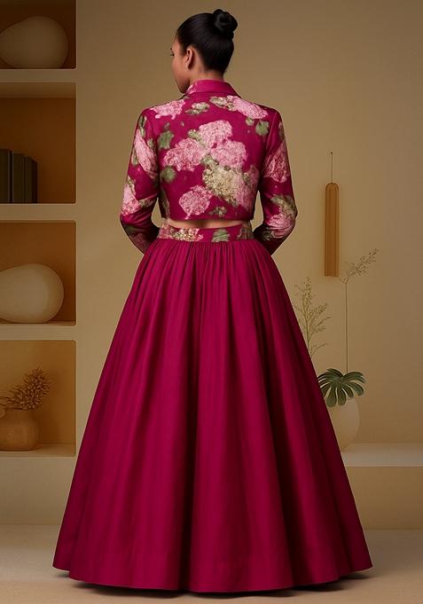 Deep Pink Printed Blouse And Jacket Chinon Lehenga Set