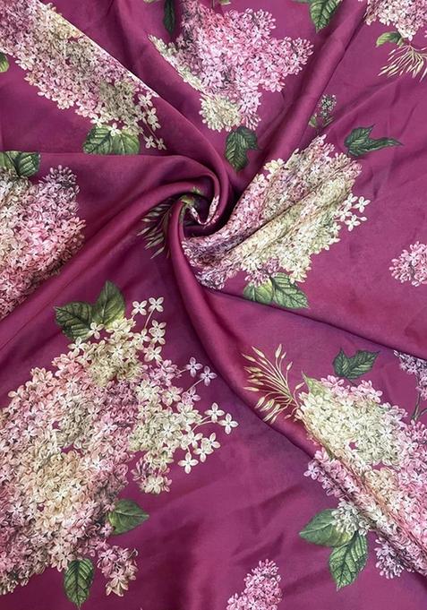 Deep Pink Printed Blouse And Jacket Chinon Lehenga Set