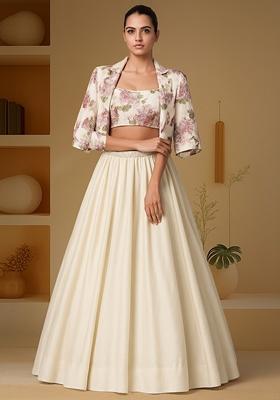 Beige Printed Blouse And Jacket  Chinon Lehenga Set