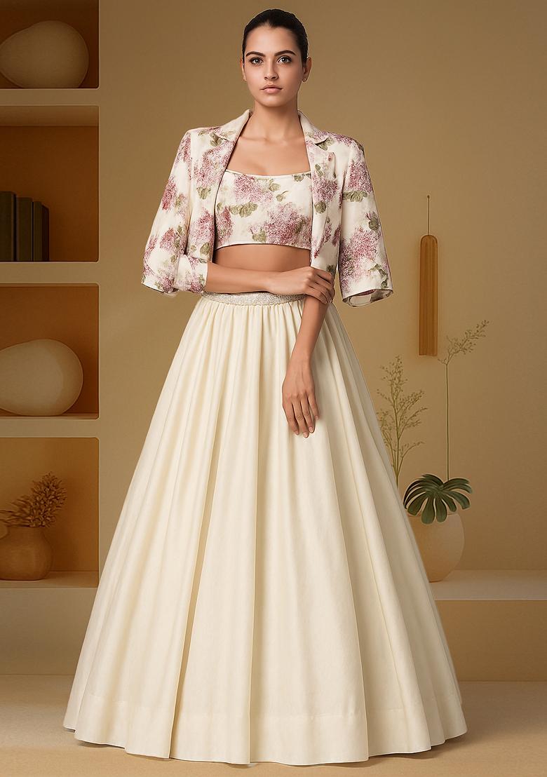 Beige Printed Blouse And Jacket Chinon Lehenga Set