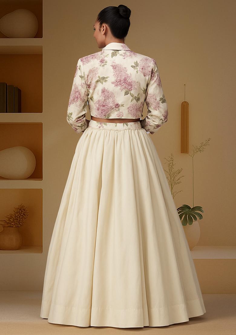 Beige Printed Blouse And Jacket  Chinon Lehenga Set - Indya