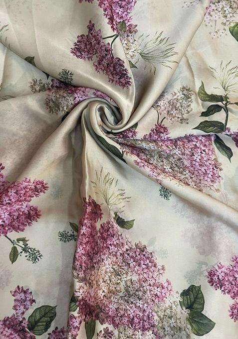 Beige Printed Blouse And Jacket Chinon Lehenga Set