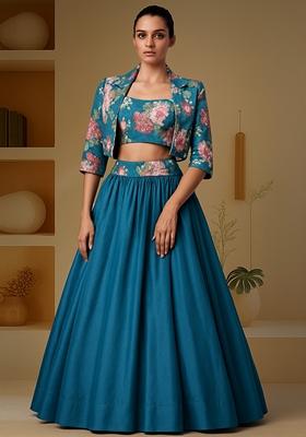 Blue Printed Blouse And Jacket  Chinon Lehenga Set