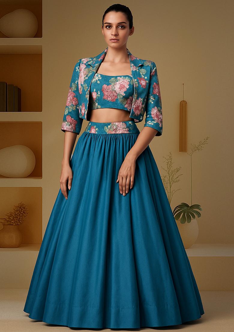 Blue Printed Blouse And Jacket  Chinon Lehenga Set - Indya