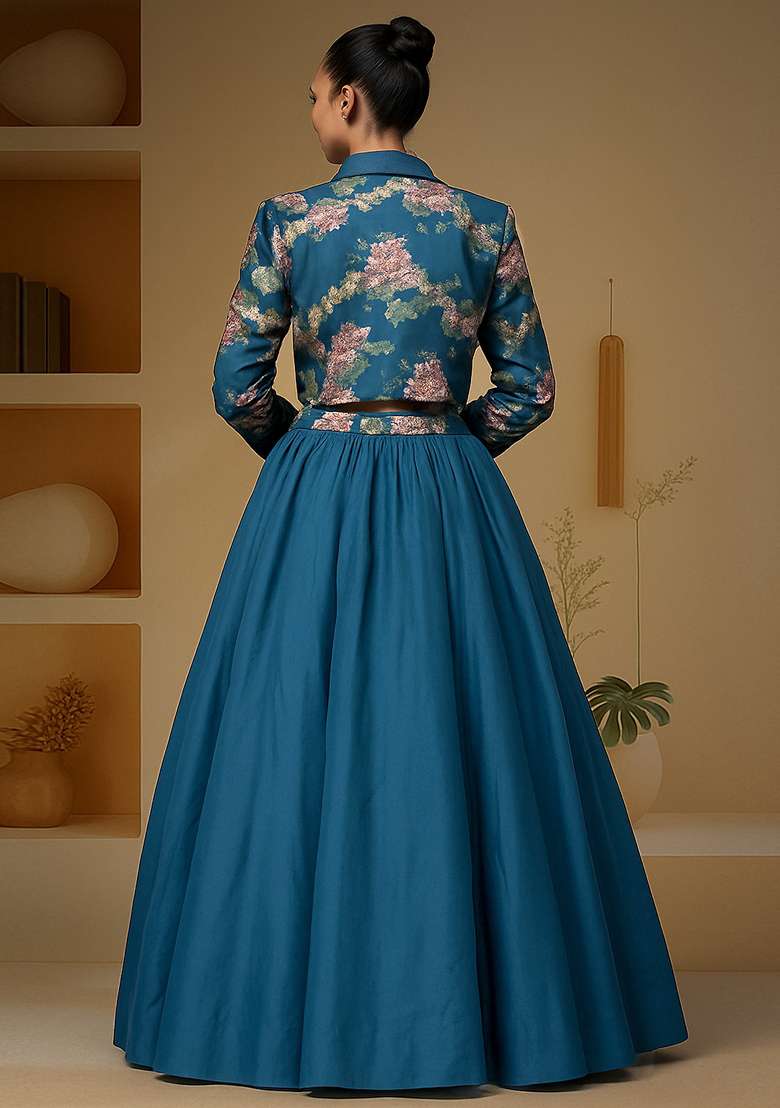 Blue Printed Blouse And Jacket  Chinon Lehenga Set - Indya