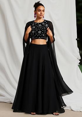 Black Embroidered Blouse Georgette Lehenga Set